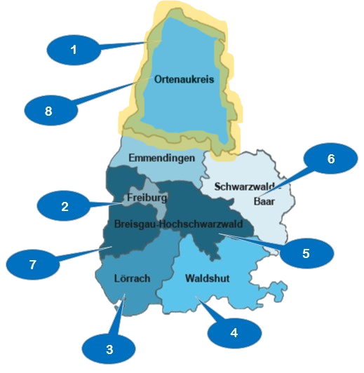 Selbsthilfegruppen. Stilisierte Landkarte von Südbaden mit den einzelnen Landkreisen Ortenau, Emmendingen, Breisgau-Hochschwarzwald, Lörrach, Waldshut. Der Ortenaukreis ist markiert mit gelbem Textmarker